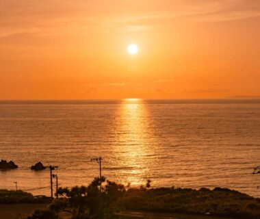 Sunset over the sea at Tanoura Onsen Kaikatei Kawai, Niigata, Chūbu