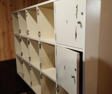 Wooden cubby shoe lockers at Tawaraya Ryokan Koto Shirasagikan, Ōita, Kyūshū