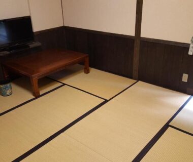 Low wooden table, tatami mats and television in a room at Tawaraya Ryokan Koto Shirasagikan, Ōita, Kyūshū