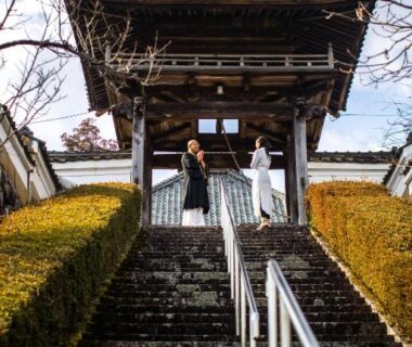 Stone steps and wooden gate leading to Temple Hotel 正暦寺, Kyoto, Kansai