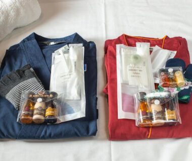 Two folded yukata with toiletries and socks at Temple Hotel 正暦寺 Kyoto ryokan