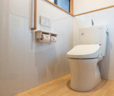 Japanese washlet toilet with wooden floor at Temple Hotel 正暦寺, Kyoto Kansai