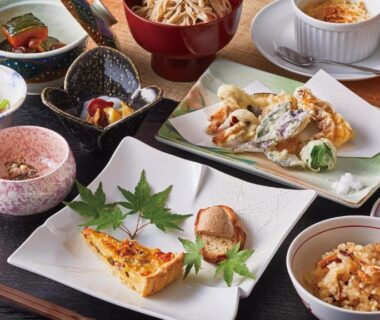 Japanese small dishes with rice and pickles at Tengu Onsen Asama Sanso Nagano