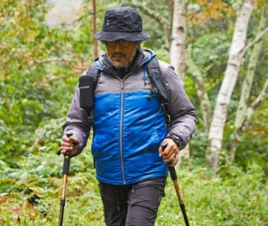 Hiker in blue jacket and hat using trekking poles through birch forest, Tengu Onsen Asama Sanso, Nagano Chūbu