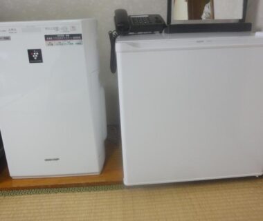 Compact refrigerator and small appliance beside tatami with telephone at Tenryu Ryokan Hiroshima
