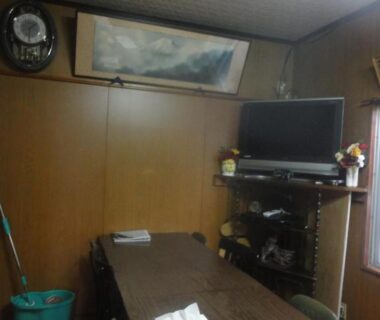 Small wood-paneled room with long table, TV, wall clock, tissues and cleaning bucket