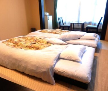 Traditional tatami room with two futons and seating area by window at Tenryuso in Chiba, Kantō