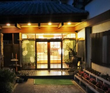 Warm exterior lighting, noren curtains and potted plants at Tenryuso in Chiba, Kantō