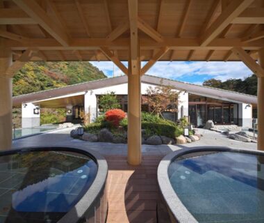 Two outdoor stone baths under wooden roof at Tenseien, Kanagawa, Japan