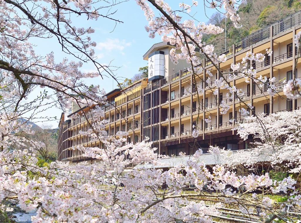 Cherry Blossom Facade Tenseien Kanagawa Japan Exterior with cherry blossoms and balconies at Tenseien, Kanagawa, Kantō, Japan
