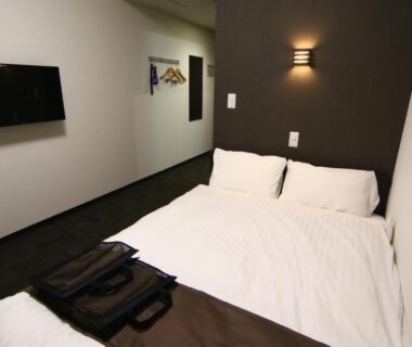 Compact modern double room with wall mounted TV, bedside lighting and simple bedding at Teshio Onsen Yubae, Hokkaidō