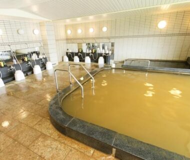 Indoor brown-tinted onsen bath with washing stations at The Gran Resort Arima, Hyōgo