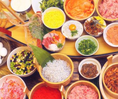 Colorful assortment of Japanese condiments and toppings at The Gran Resort Elegante Awajishima, Hyōgo, Kansai