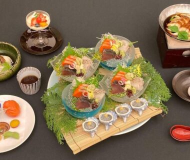 Assorted sashimi and seasonal small dishes presented with sauces at The Gran Resort Elegante Awajishima Hyōgo
