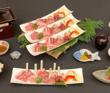 Assorted thinly sliced meat with dipping sauces and small side dishes at The Gran Resort Elegante Awajishima, Hyōgo