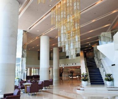High ceiling lobby with hanging lights at The Gran Resort Princess Arima in Hyōgo, Kansai, Japan