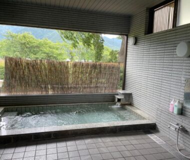 Tiled indoor onsen bath with large open window overlooking bamboo screen and distant greenery at Togawaso in Yamanashi