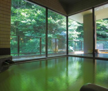 Indoor onsen with large windows overlooking forest, Tokinenoyado Yunushi Ichijoh Miyagi Tohoku