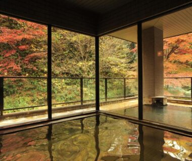 Indoor onsen bath with large windows framing autumn foliage at Tokinenoyado Yunushi Ichijoh in Miyagi, Tōhoku