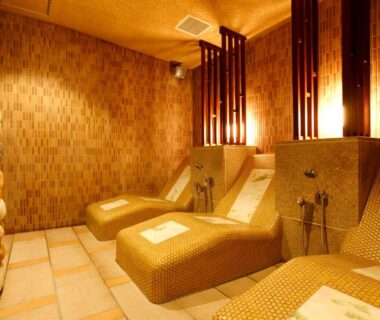 Reclining tiled loungers with warm lighting at Tokinoniwa in Gunma, Kantō, Japan