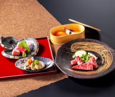 Assorted ryokan dishes with raw beef and appetizers at Tokiwa Hotel in Yamanashi