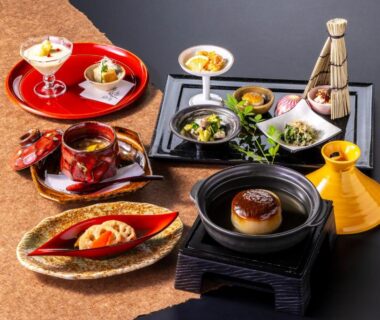 Assorted small Japanese dishes on lacquer trays at Tokiwa Hotel in Yamanashi
