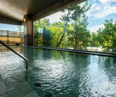 Indoor bath with handrail and large windows overlooking trees at Tokiwa Hotel in Yamanashi, Chubu
