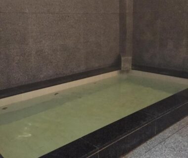 Rectangular indoor bathing tub with tiled surround at Tokiwa Ryokan in Tochigi