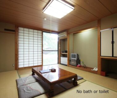 Tatami room with low table, zabuton cushions and shoji screens, Tokonamiso, Nagano