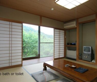 Traditional tatami room with low table, shoji screens and green hillside view at Tokonamiso, Nagano