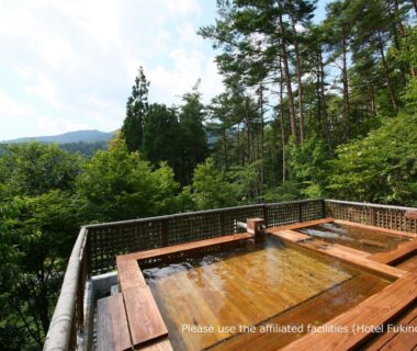 Wooden outdoor baths on deck with forest and mountain view at Tokonamiso in Nagano