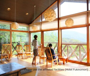 Sunlit lounge overlooking mountains with wooden chairs and large windows at Tokonamiso Nagano