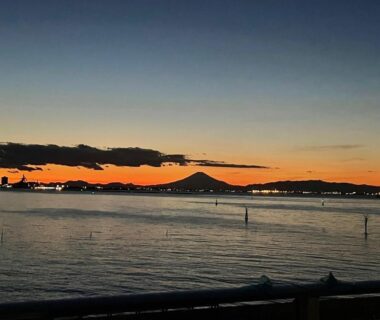 Dusk bay view with distant mountain silhouette from Toriizaki Club, Chiba, Kantō