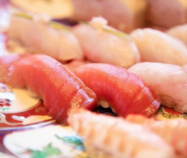 Assorted nigiri sushi on decorative plate at Toriizaki Club Sushi Auberge in Chiba, Kantō