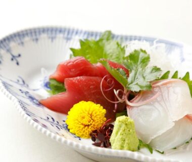 Fresh sashimi with tuna and white fish, shiso and wasabi, served at Towa Ryokan Kyoto