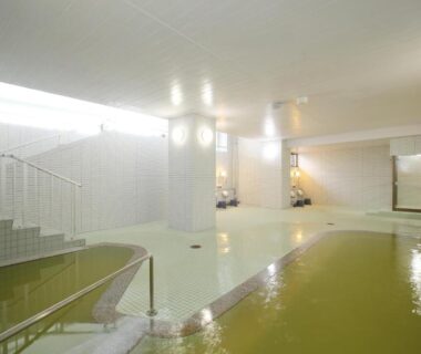Tiled communal indoor onsen with green-tinted water, handrails and steps at Toya-onsen Hotel Hanabi Hokkaidō