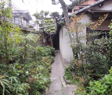 Narrow stone pathway through dense garden with bamboo and shrubs to a traditional wooden ryokan entrance in Nara