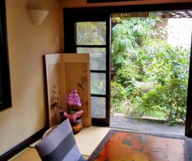 Tatami room with low seating, folding screen and sliding doors opening to a quiet courtyard garden at Tsubakiso Nara