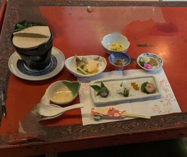 Assorted small dishes on lacquer tray at Tsubakiso ryokan, Nara, Kansai