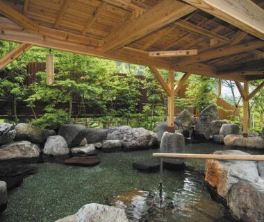 Covered onsen bath with rock surround and wooden roof, green foliage, Tsuetate Onsen Hotel Hizenya, Kumamoto, Kyushu