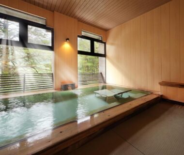 Indoor onsen bath with wooden panels and large windows at Tsuganoki, Tochigi, Kantō, Japan