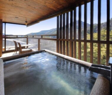 Outdoor wooden onsen bath on balcony overlooking forested mountains at Tsuganoki, Tochigi