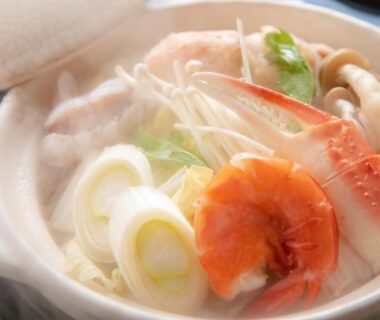 Steaming seafood nabe with shrimp, mushrooms and leeks at Tsukasa Ryokan in Saga, Kyushu