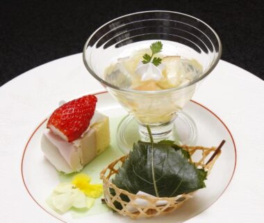 Assorted Japanese sweets with glass jelly, strawberry cake and leaf-wrapped confection at Tsuki no Shizuka Nagano