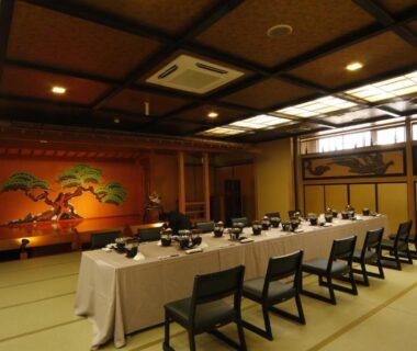 Long tatami dining room with low tables at Tsuki no Shizuka, Nagano Chubu