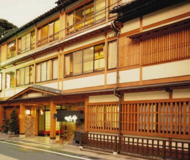 Wooden facade and shoji windows at Tsutaya Ryokan, Hyōgo, Japan