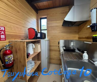 Compact kitchenette with wooden walls, stainless sink, stove, fridge and shelving at Tsuyukusa in Gifu