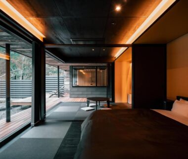 Modern tatami-floor room with low bed at UMEGASHIMA DRIVE-IN & SAUNA VILLA, Shizuoka