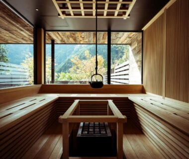 Wooden sauna with central stove and mountain view at UMEGASHIMA DRIVEｰIN ＆ SAUNA VILLA, Shizuoka, Japan