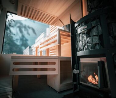 Wooden sauna interior with heated stove at Umegashima Drive-In & Sauna Villa, Shizuoka, Chūbu, Japan